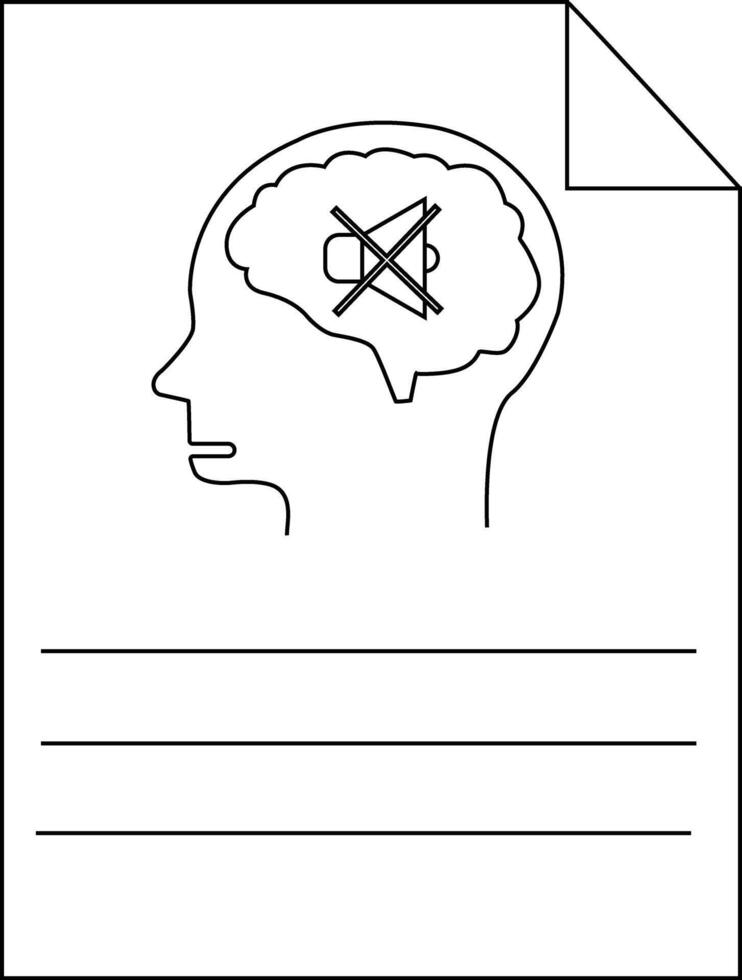 A page with a head outline containing a brain with a muted speaker symbol and lines for writing vector