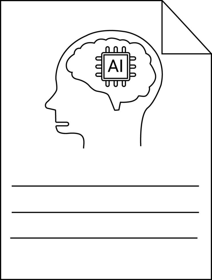 Black and white line drawing of a head profile with a brain containing a chip with AI inside and lines below vector
