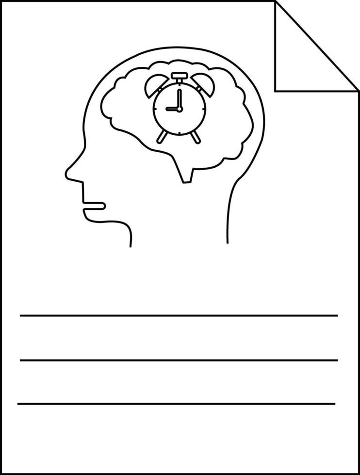 Blackandwhite line drawing of a head with an alarm clock in the brain and a sheet with lines below vector