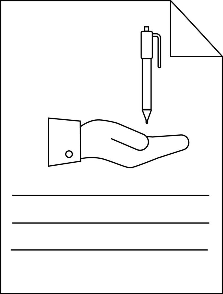 Outlined image shows a pen over a hand on a document with lines and folded corner vector