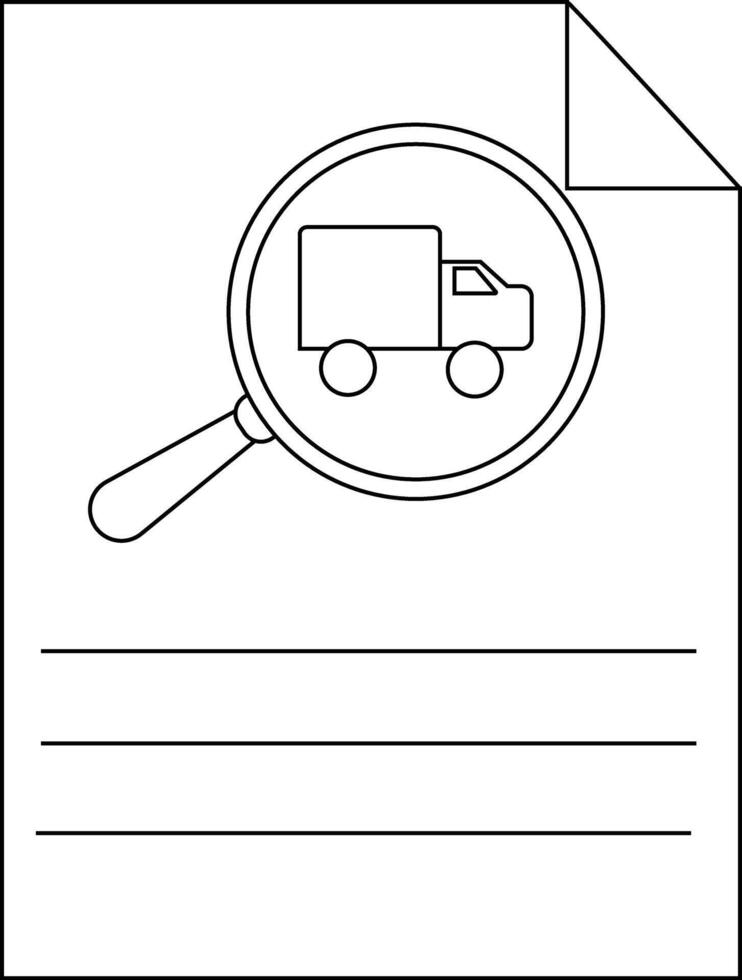 Document with a magnifying glass focusing on a truck icon and three lines for text vector