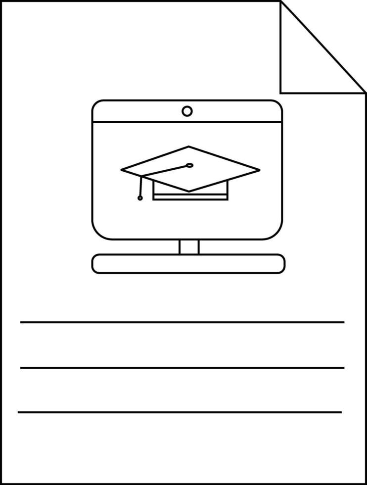 A document with a computer displaying a graduation cap and 3 horizontal lines below it vector