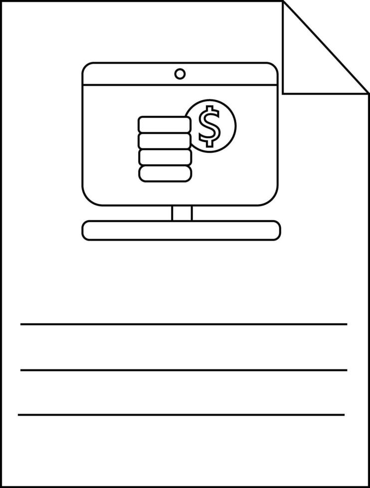 A line drawing of a document with a computer screen that features coins and a dollar symbol vector