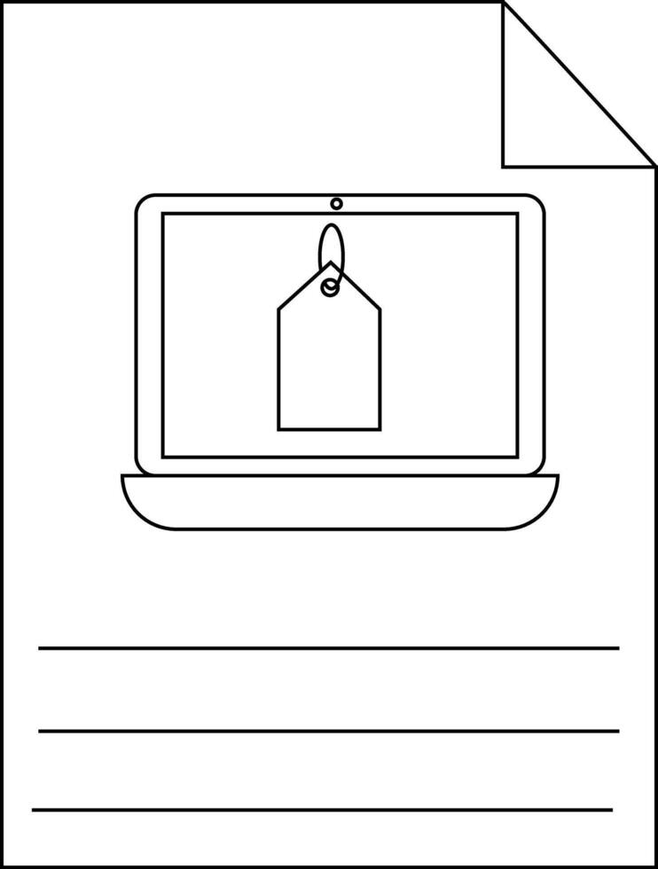 Outline drawing computer with price tag on screen lines below corner of paper folded at top right vector