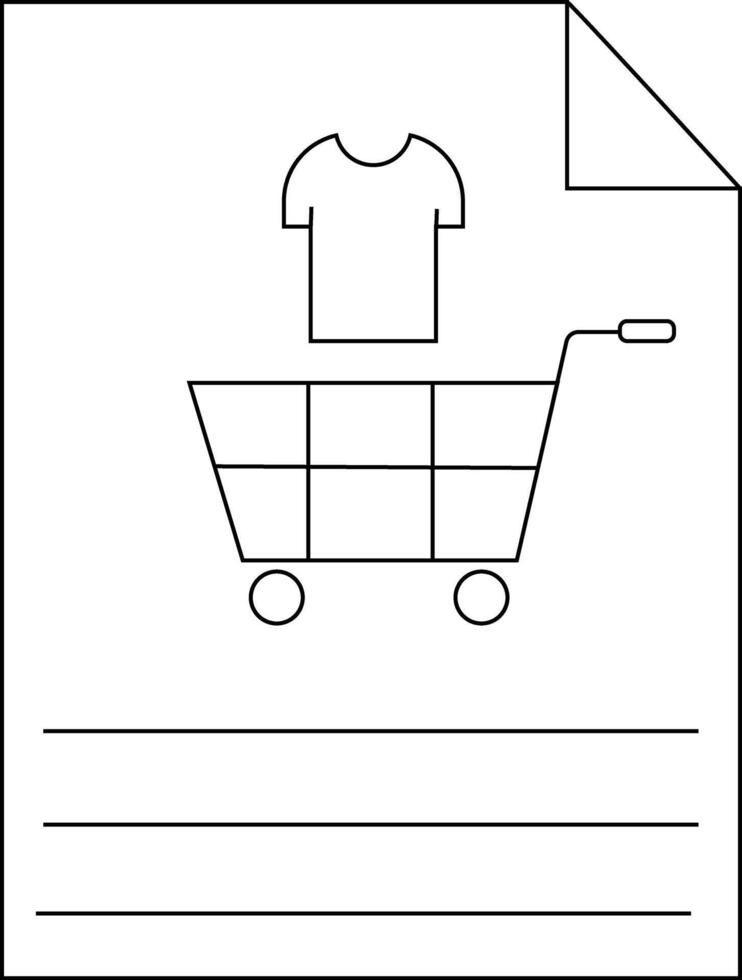 Black line drawing of a shopping cart tshirt and paper with blank lines vector
