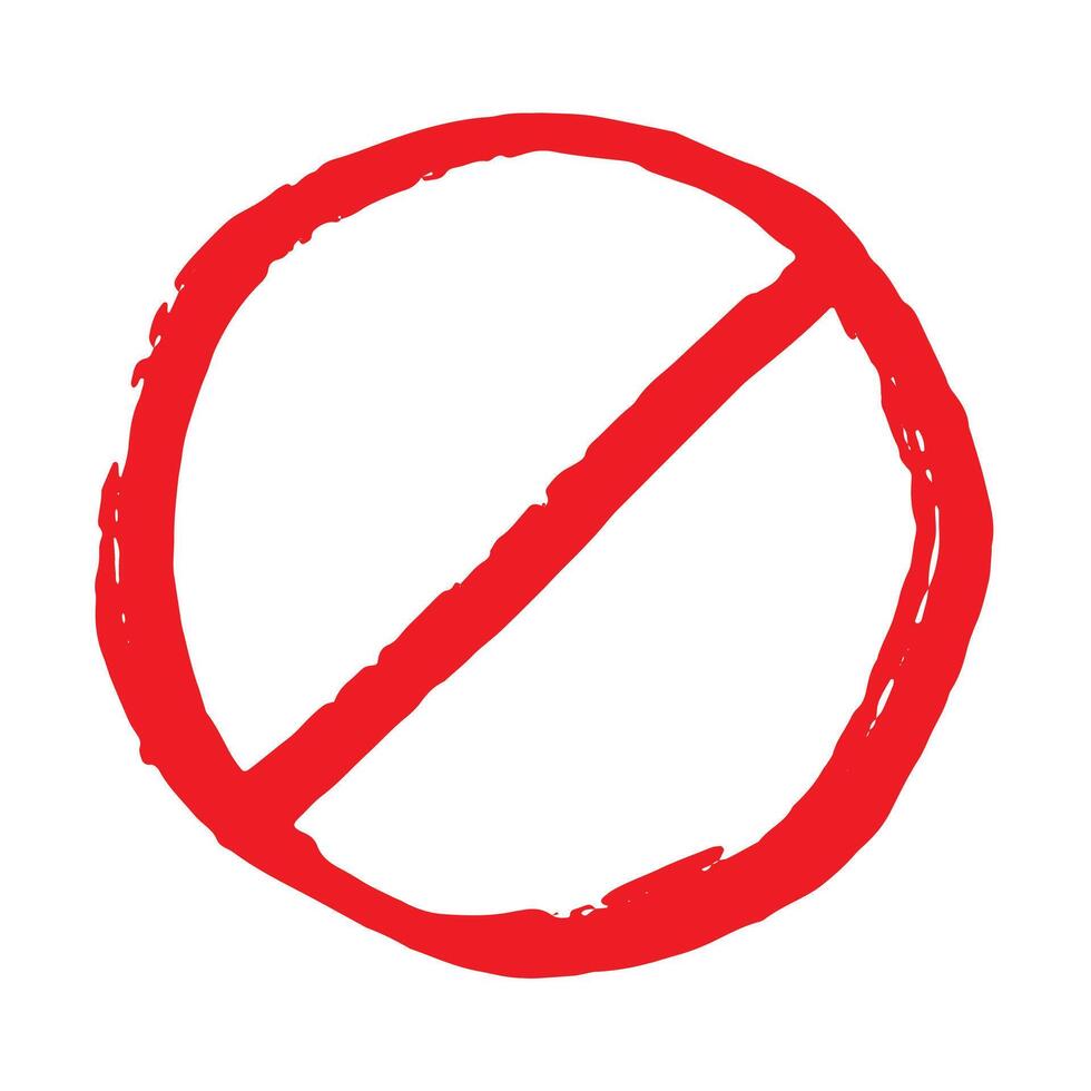 Hand drawn prohibition sign No entry symbol Red circle with cross line clipart in doodle style Ban Restriction Forbidden stop Single element for print, web, design restriction ink vector