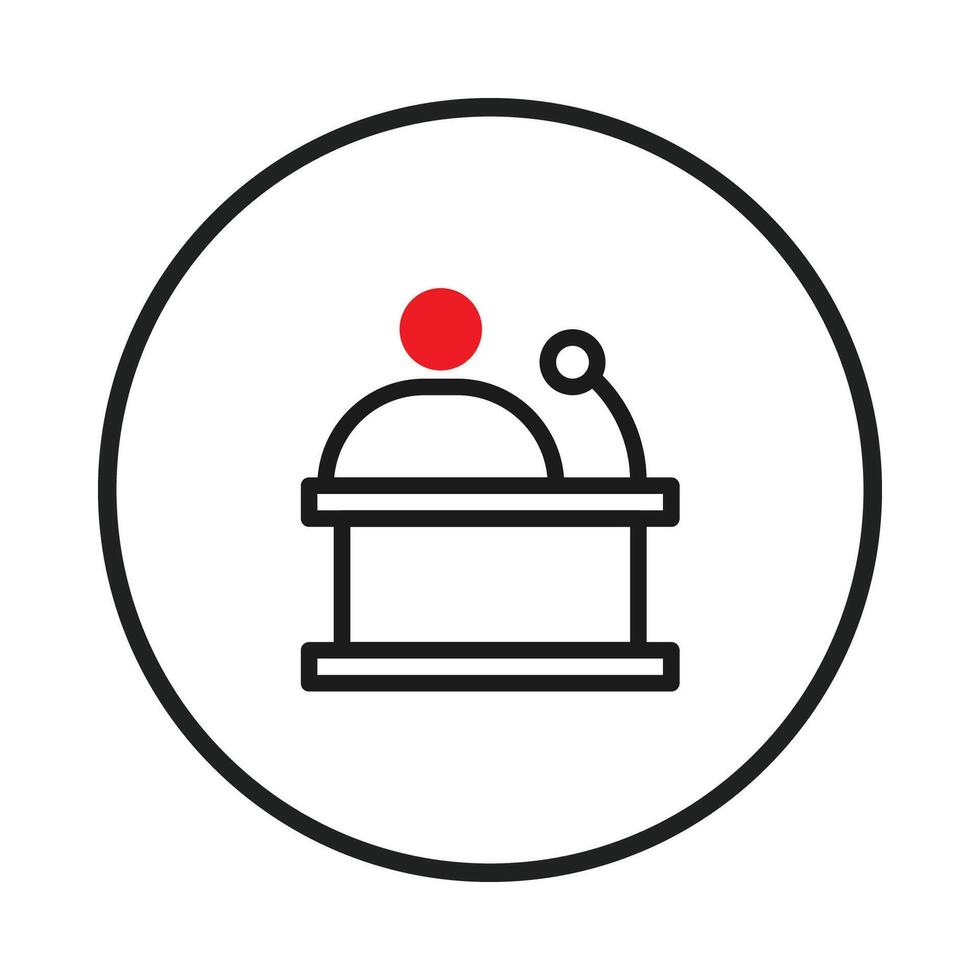 Minimalist speaker presentation icon showcases public address podium within outlined circle for vector