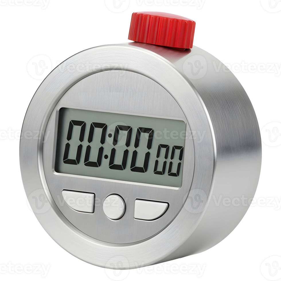 Silver Digital Timer With Red Button And LCD Screen Displaying Zero Time png
