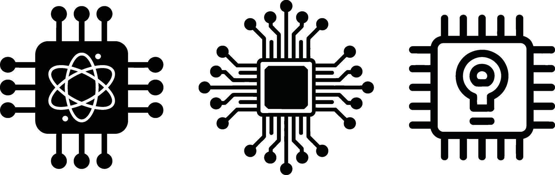 Quantum ai processor, circuit board, and smart chip icons set vector