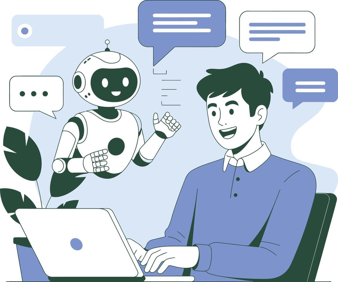 Man and robot interacting, ai support, digital communication. vector