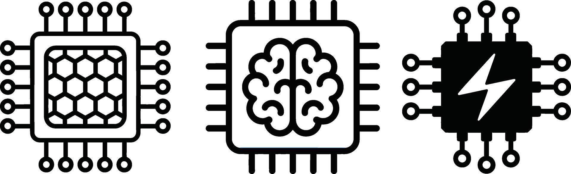 Microchip icons set processor, artificial intelligence, speed, power vector
