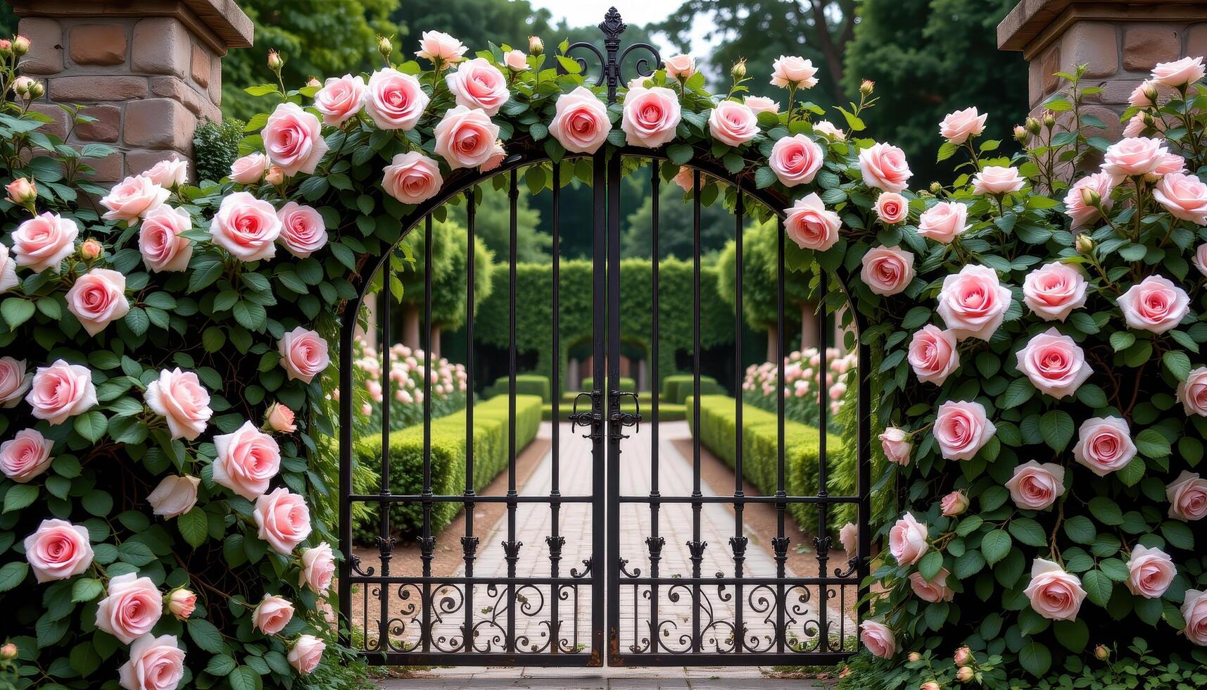 Roses twist around the iron bars of the gate, forming intricate patterns that guard the empty garden beyond. photo