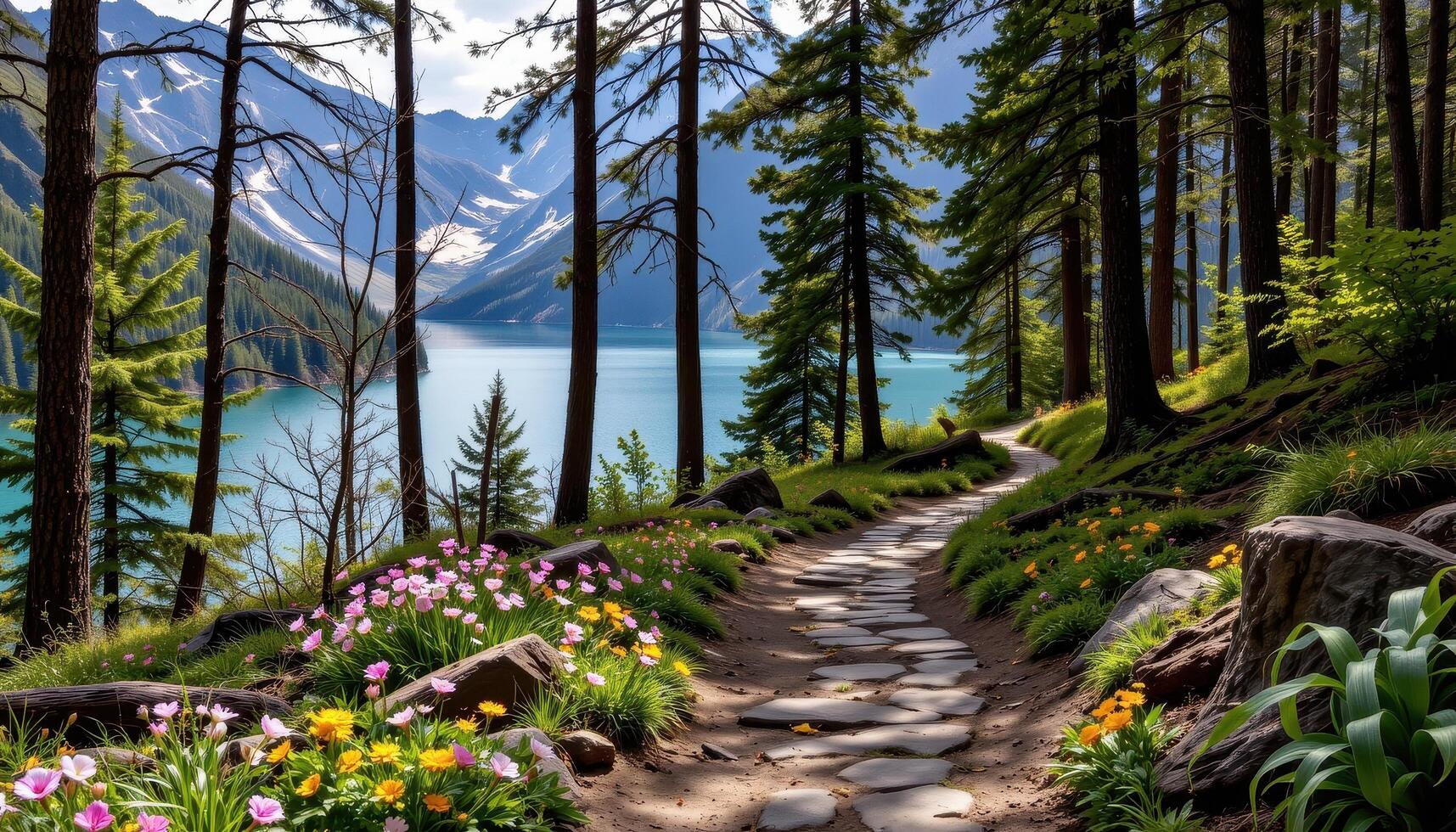 A stony forest path, bordered by wildflowers, curves through the trees to reveal a tranquil mountain lake. photo