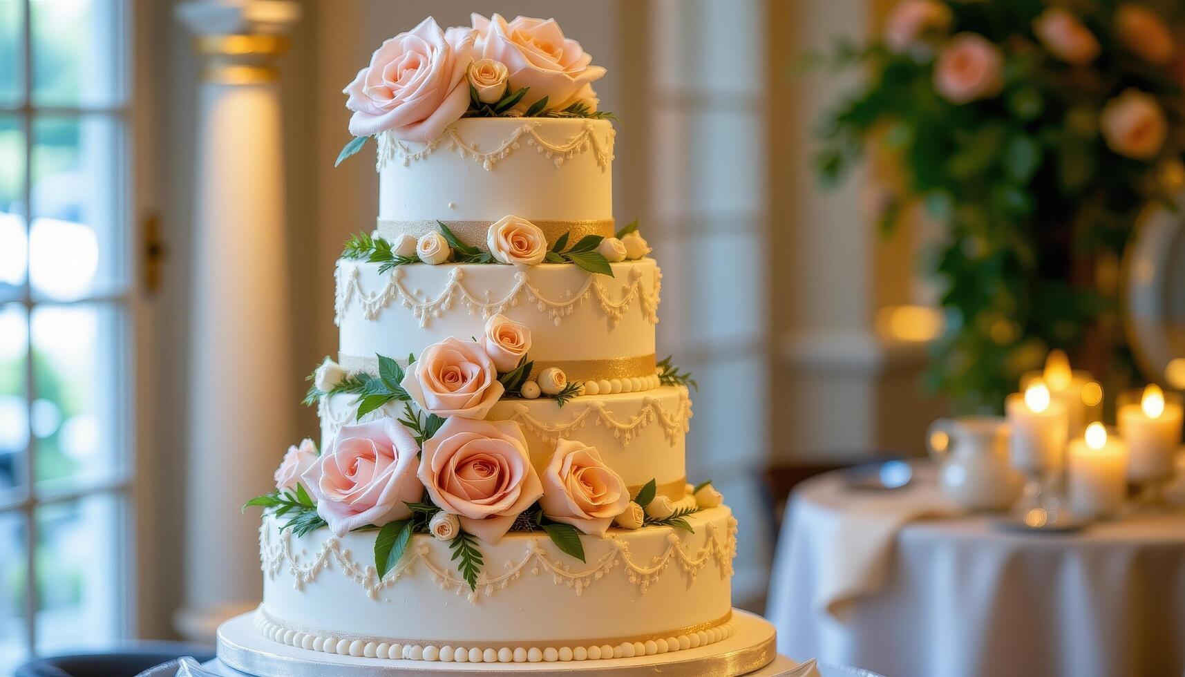 A multi tiered wedding cake with six layers, lavishly decorated with handcrafted roses, piped details, and subtle golden shimmer, displayed in soft ambient light. photo