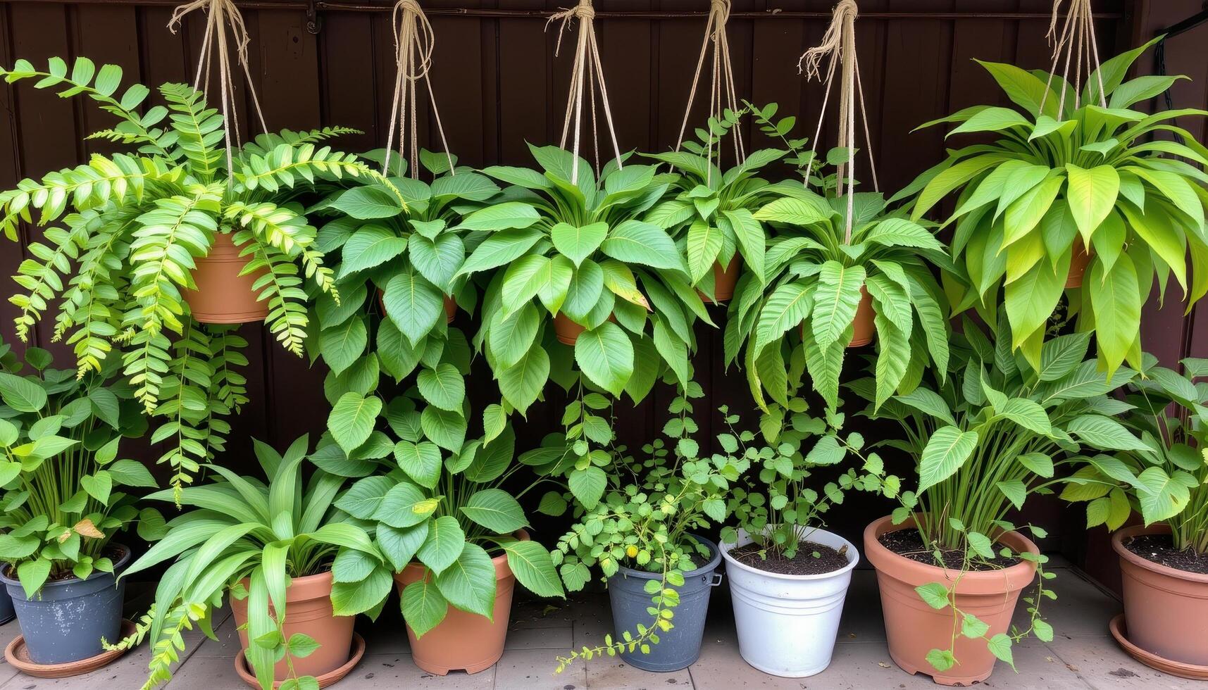 A collection of hanging ferns and vines in various pots. photo