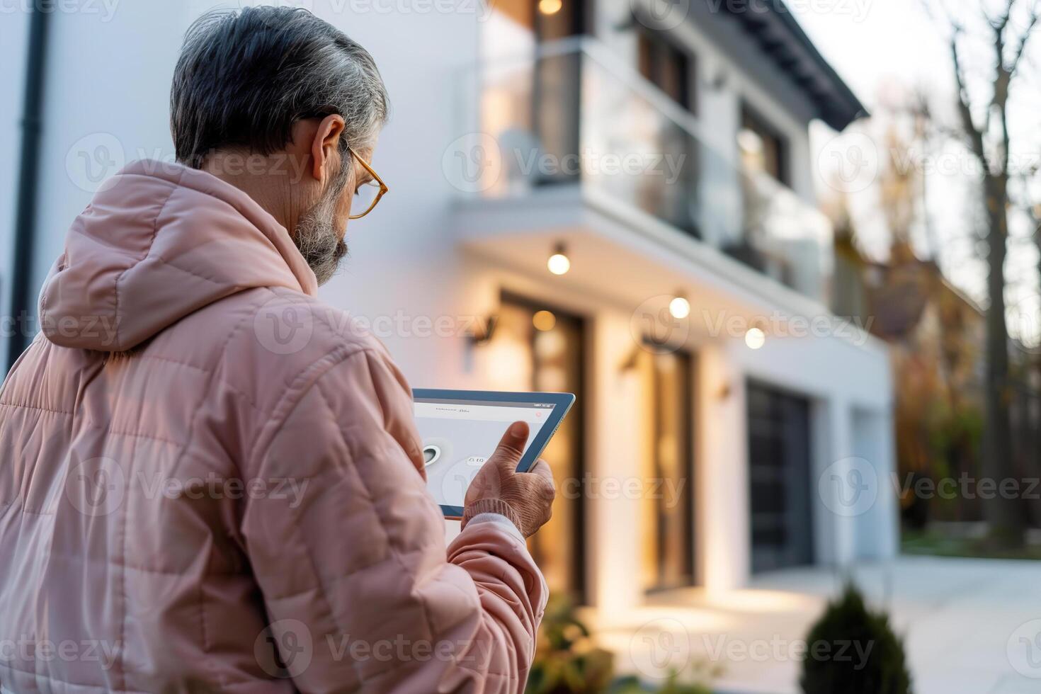 A homeowner observes the security camera feed on a tablet while outside the house. The scene is bright and shows the modern home architecture in the background photo
