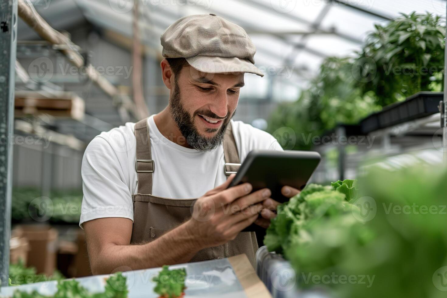 In a bright greenhouse, a smiling gardener checks digital sensor data on a tablet, ensuring optimal conditions for healthy plant growth and development photo