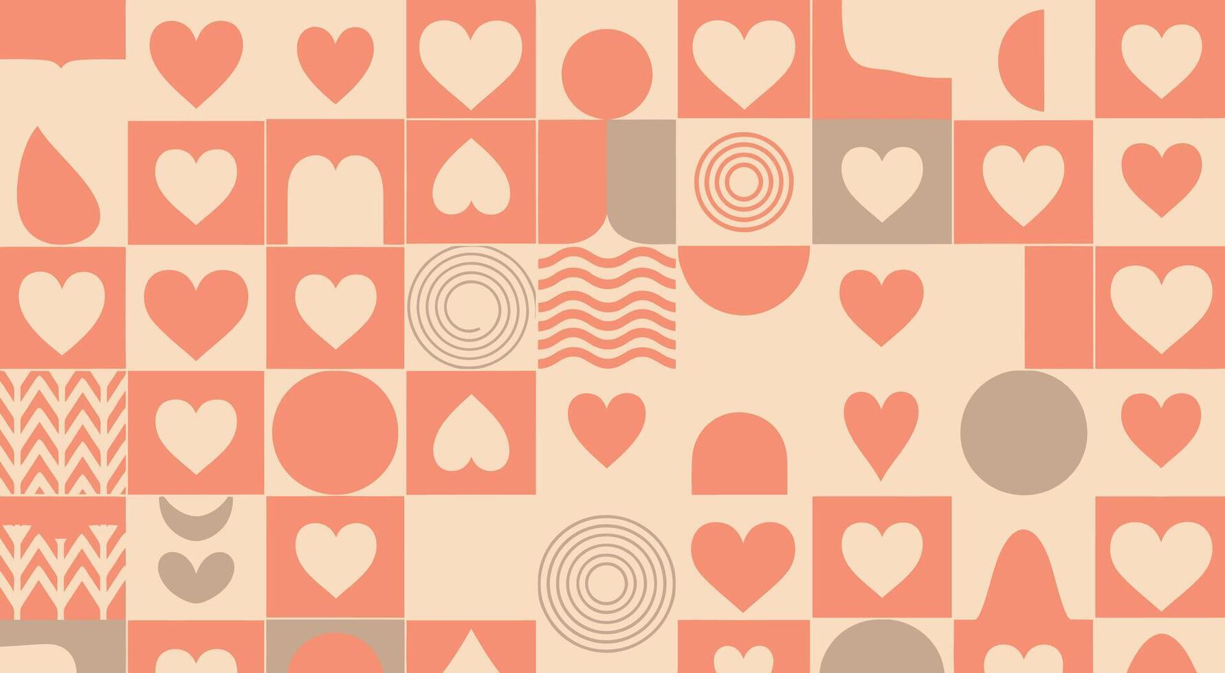 Abstract geometric pattern with hearts and shapes in warm tones. vector