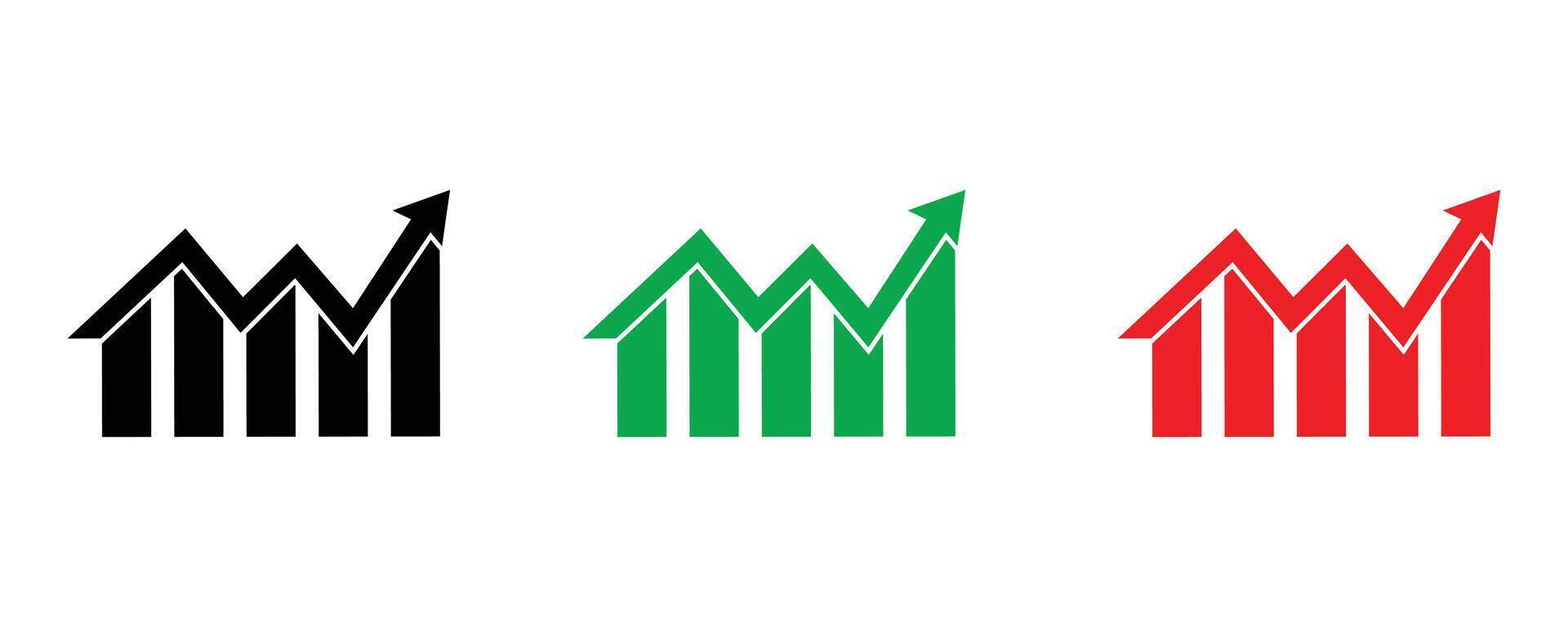 Graph icon set isolated on white background showing an upward trend in three colors vector