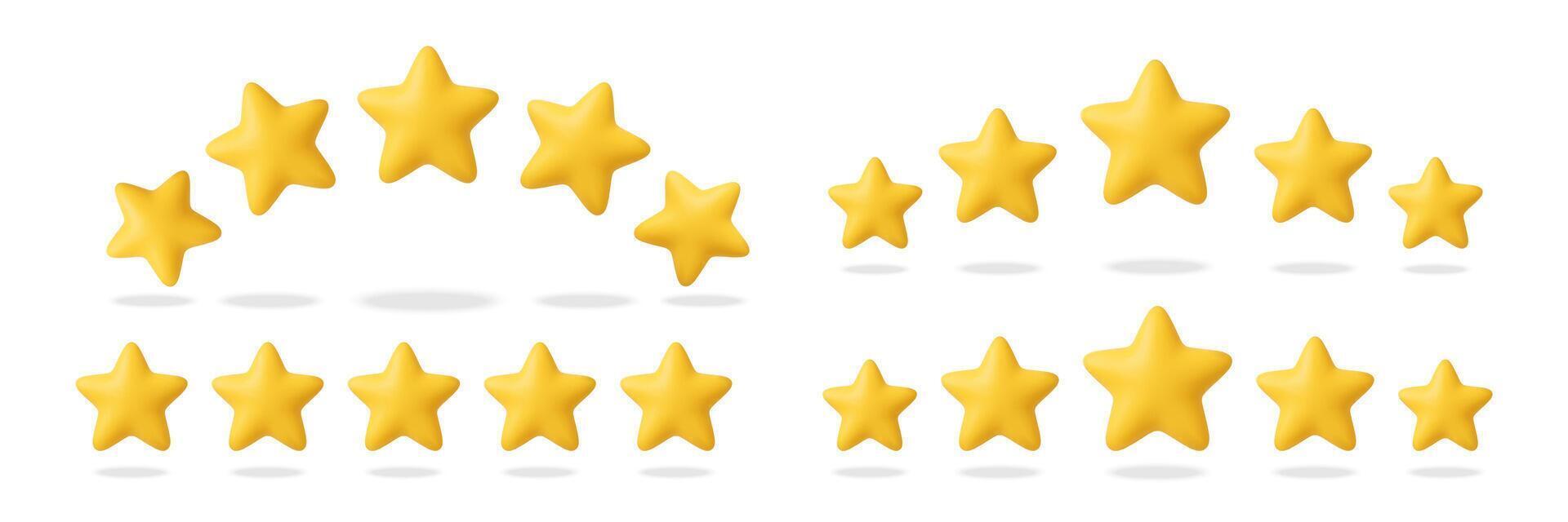 3D star rating. Realistic five stars rate. Yellow star icons for customer review, feedback, good service, game scene for websites and apps. Render gold elements. concept vector