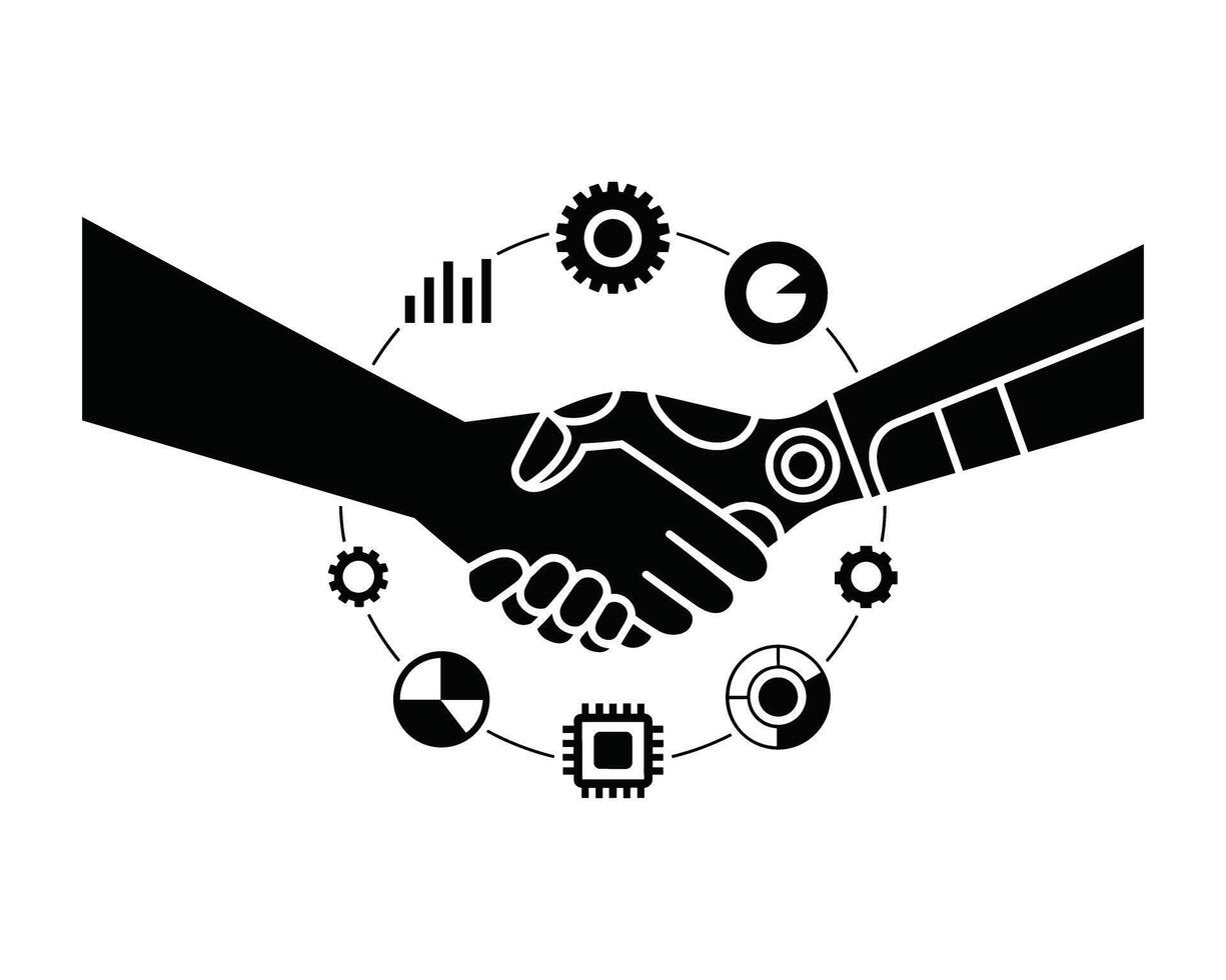 Digital handshake symbolizing technology partnership and business collaboration with interconnected icons vector