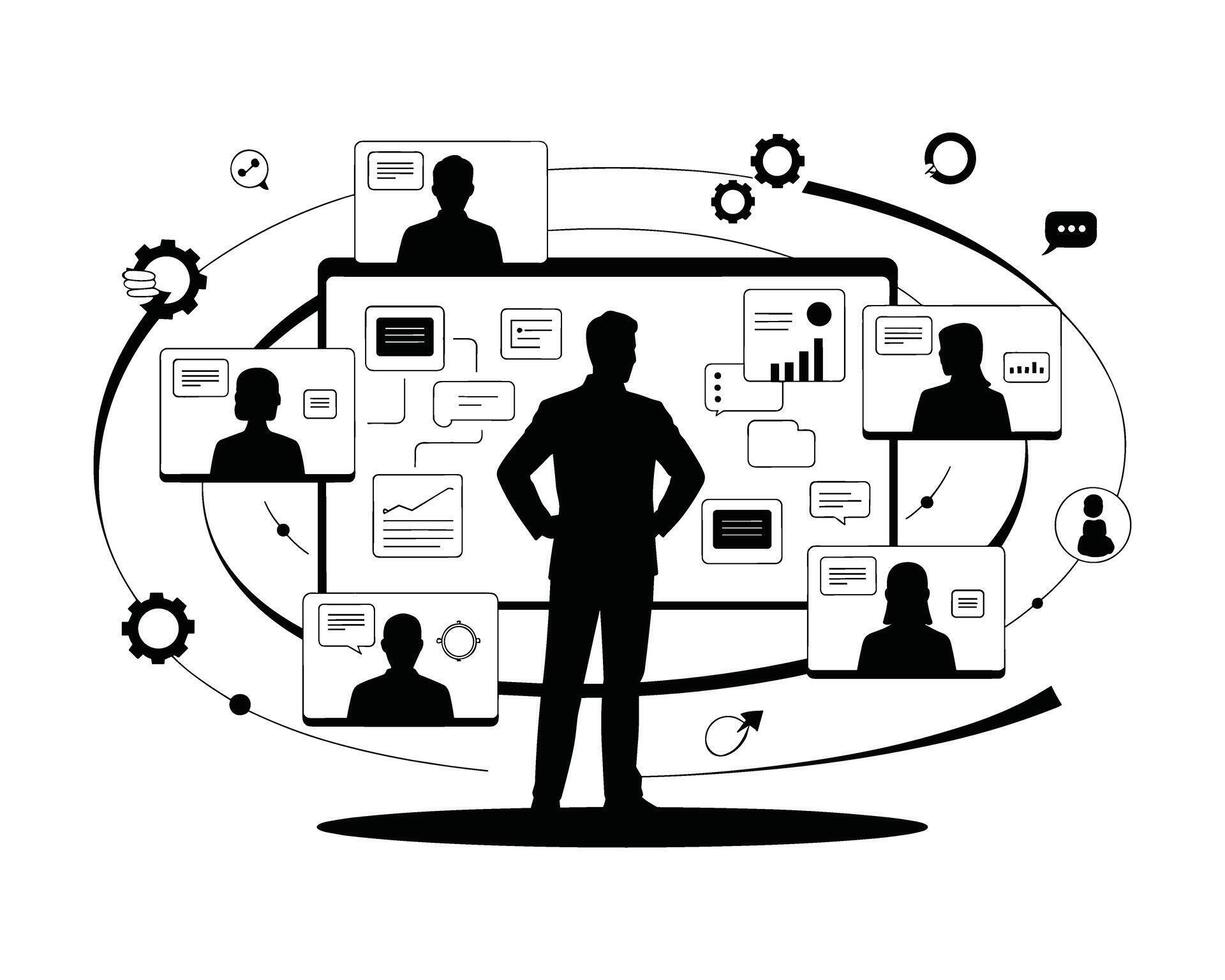 Silhouette of a leader overseeing a global network of remote employees and business data on screens vector