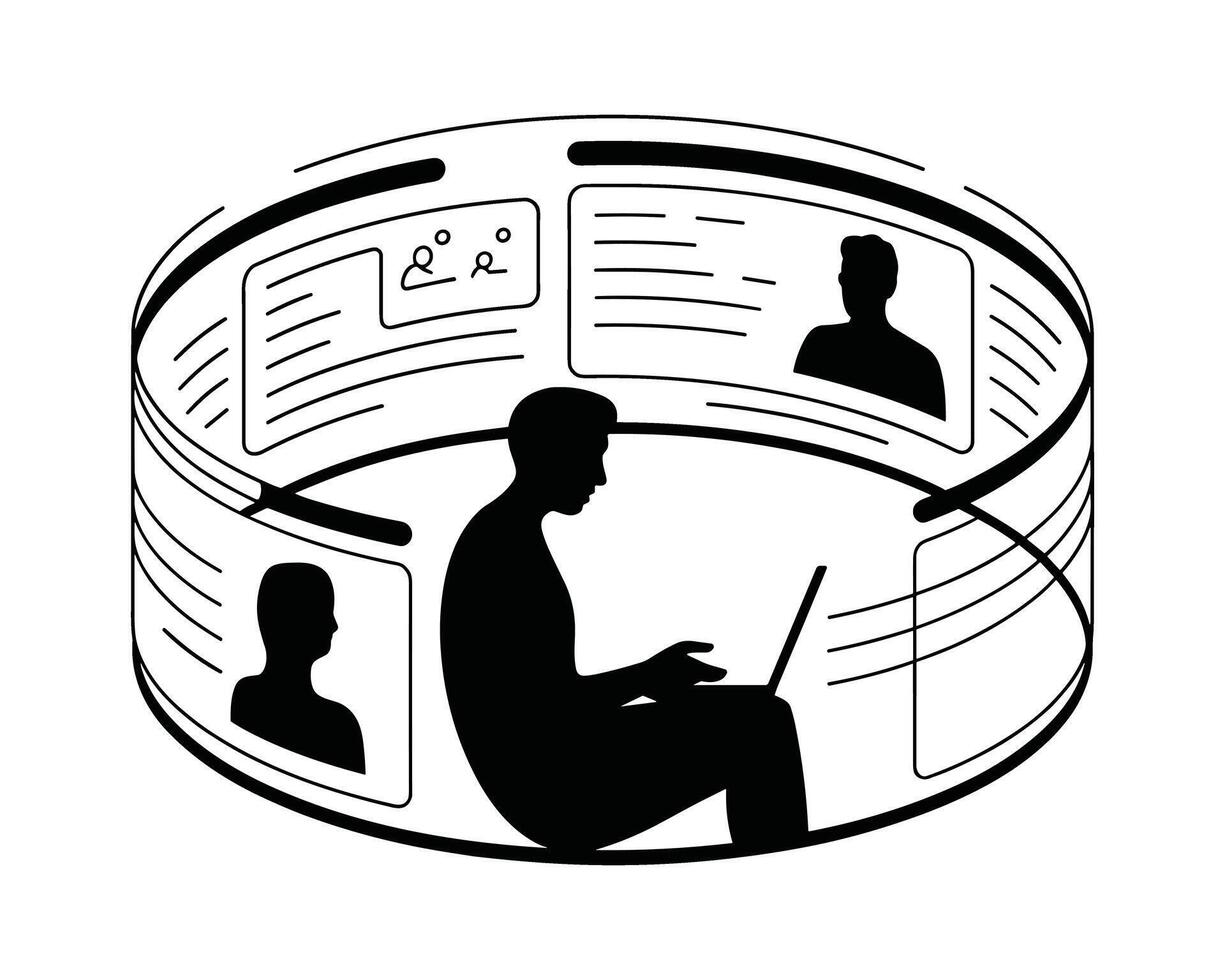 Silhouette of a person using a laptop in a futuristic immersive virtual reality environment with digital screens vector