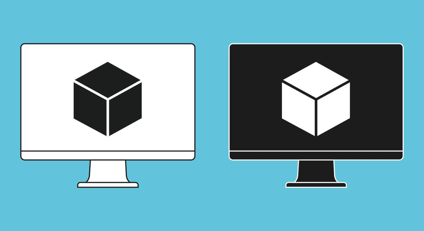 Minimal of paired desktop monitors in light and dark themes with an isometric cube icon. Perfect for tech branding vector