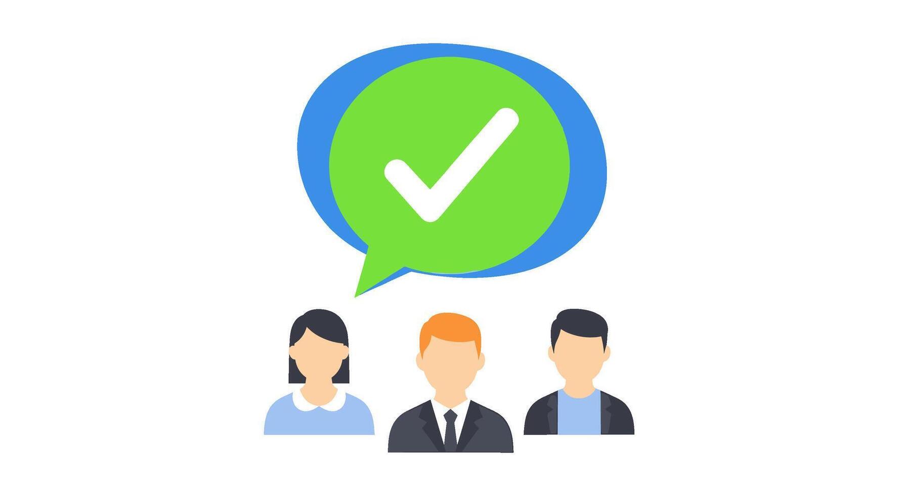 Team members collaborating with a speech bubble showing a checkmark symbolizing agreement and positive feedback in a business setting conveying approv vector