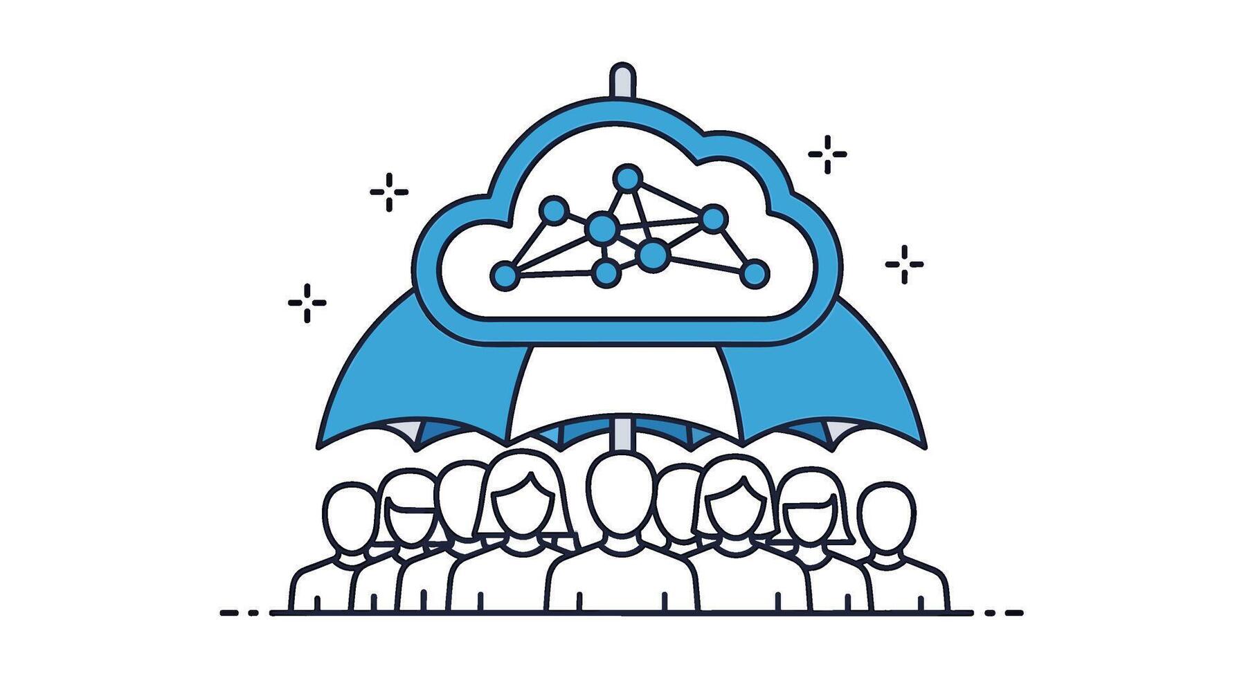 Group of people protected by cloud computing under an umbrella symbolizing data security and privacy in a digital and interconnected environment vector