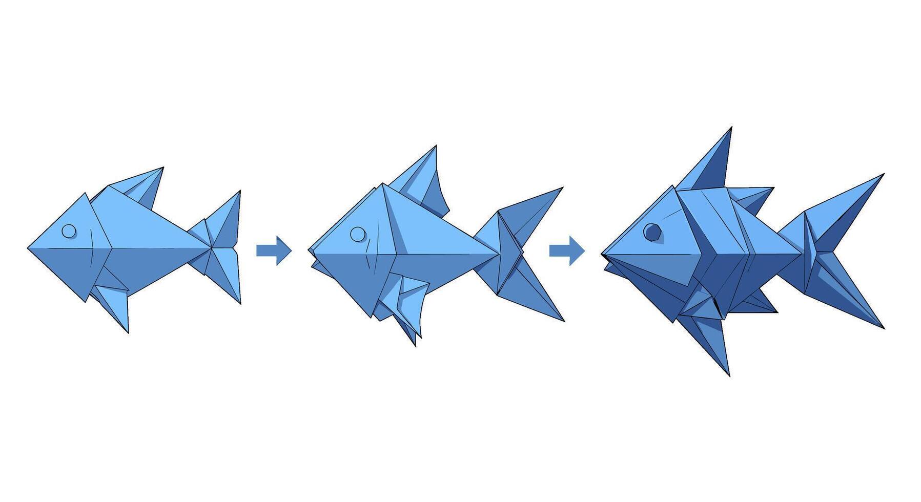 Three origami fish evolving in a sequence on a white background showcasing transformation and growth with a clean and modern aesthetic vector