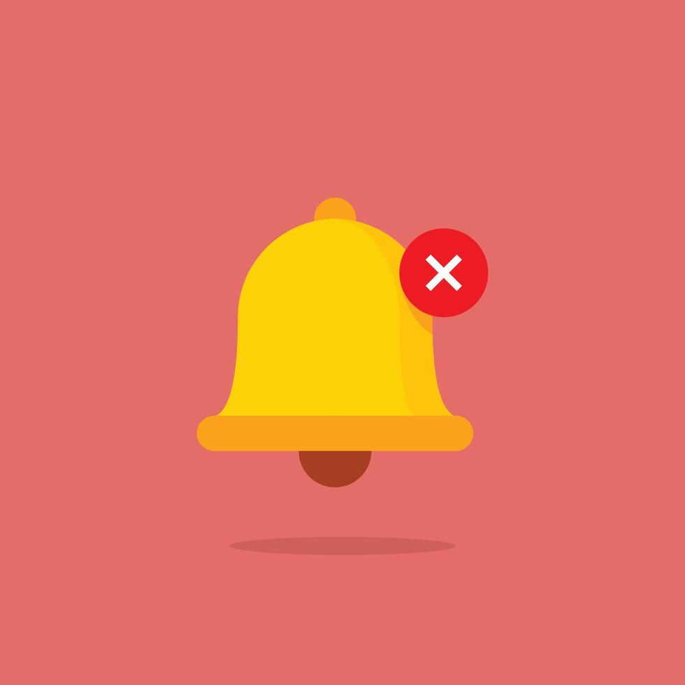 Bell notification error icon in flat design style. The yellow bell features a red circle with an 'X' to indicate failure, cancel, or blocked alert. UI element vector