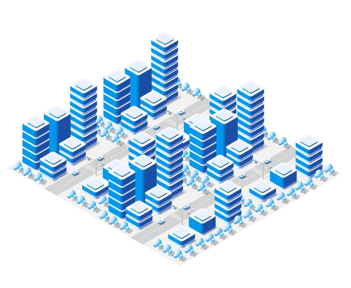Isometric urban megalopolis top view city infrastructure town, street modern, real structure, architecture 3d elements different buildings vector