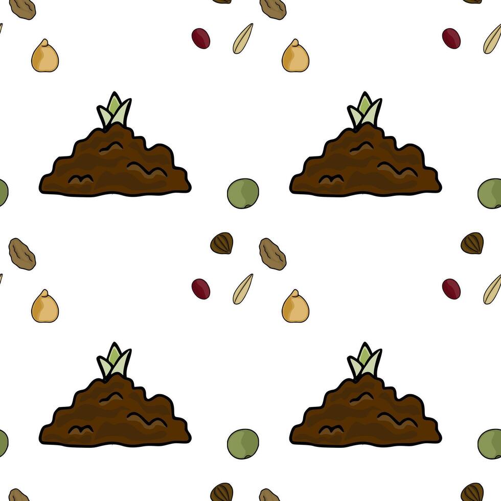 Seamless pattern of sprouting seeds and soil mounds with scattered seeds. vector