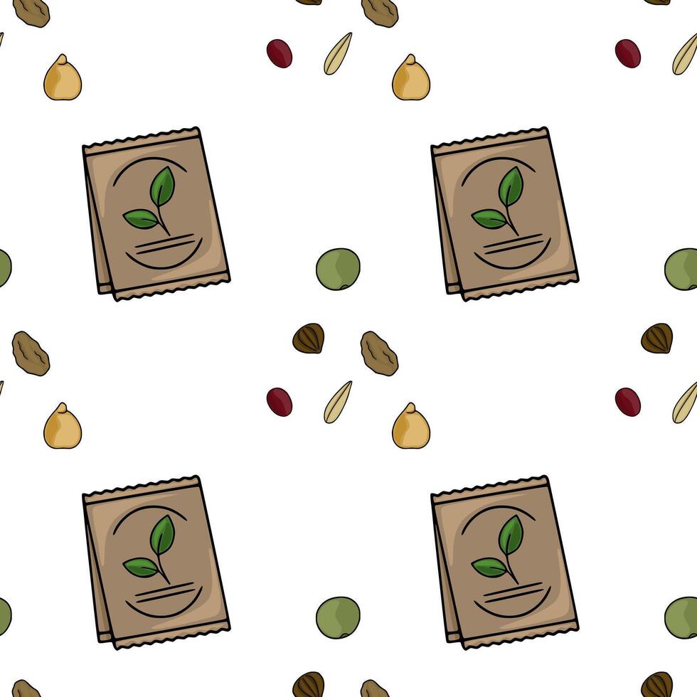 Seamless repeating pattern of seed packets and various seeds, depicting growth and gardening. vector