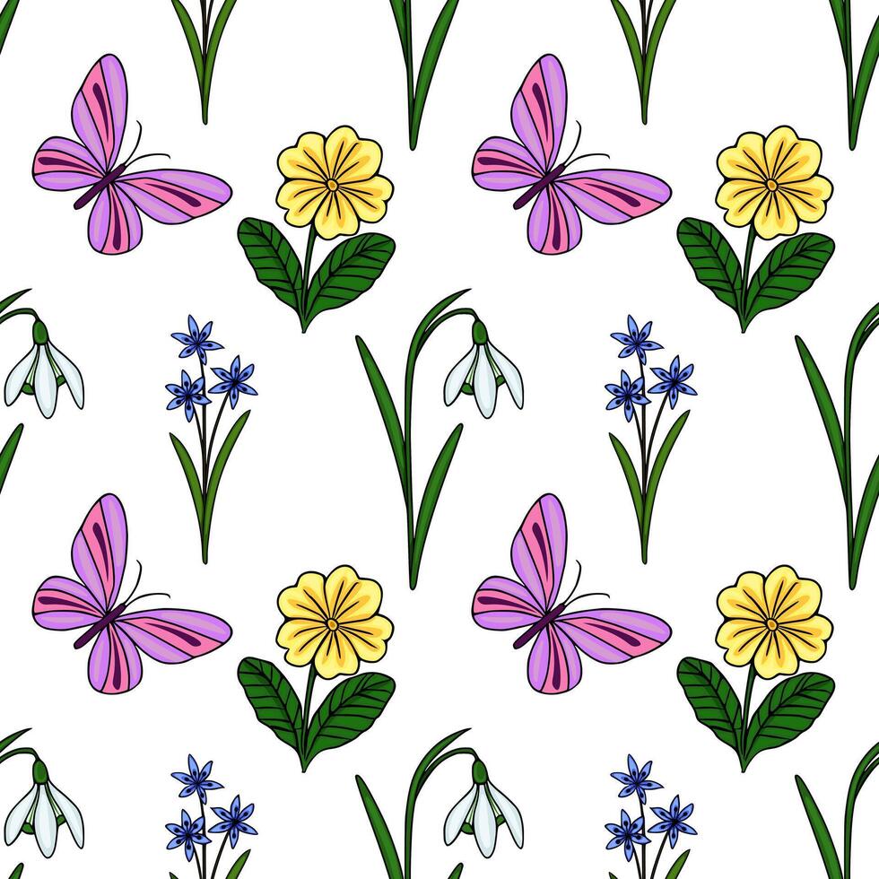Seamless pattern featuring delicate spring flora and vibrant butterflies, with snowdrops, scilla, and primroses in a playful, illustrative style. vector