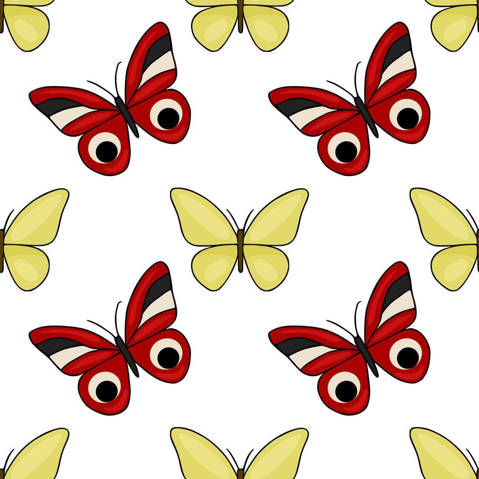 Seamless pattern featuring stylized red and yellow butterflies with bold outlines and eye like markings on a clean white background. vector