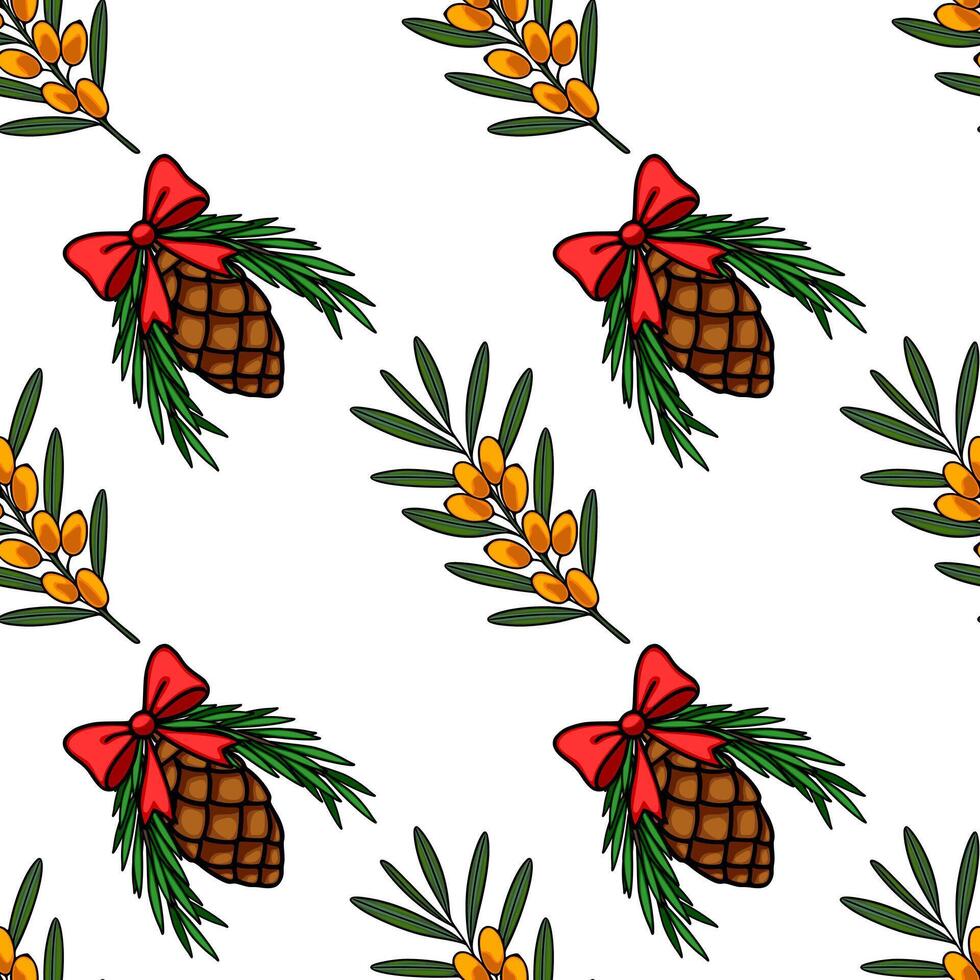 Seamless pattern featuring pine cones adorned with red bows and sea buckthorn branches with golden berries. vector