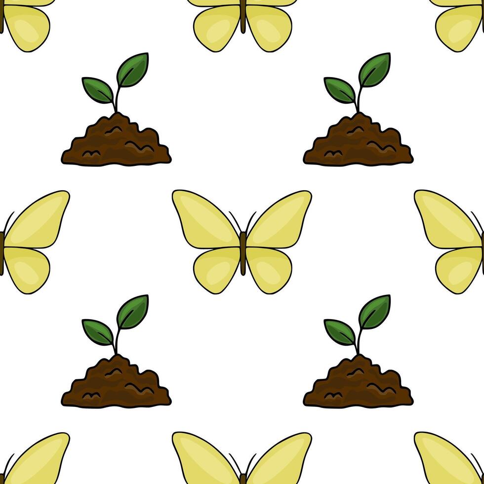 Seamless pattern of yellow butterflies and green seedlings emerging from soil, rendered in a simple, charming cartoon style. vector