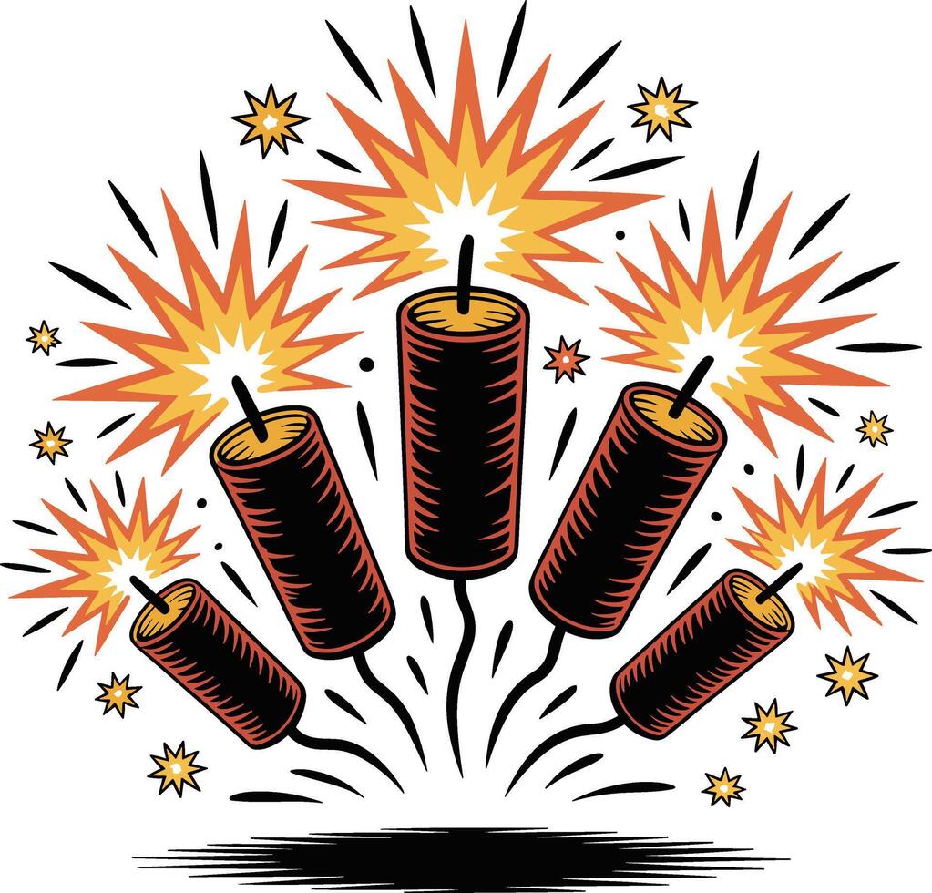 Five Black Firecrackers Exploding With Orange Yellow Sparks vector