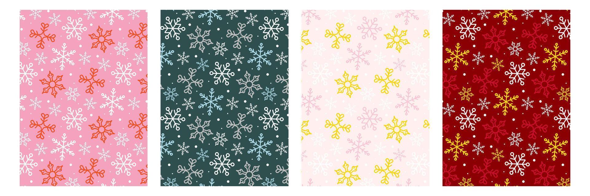 Seamless snowflake patterns in festive color palette. Modern winter background collection for wrapping paper and holiday decor. vector