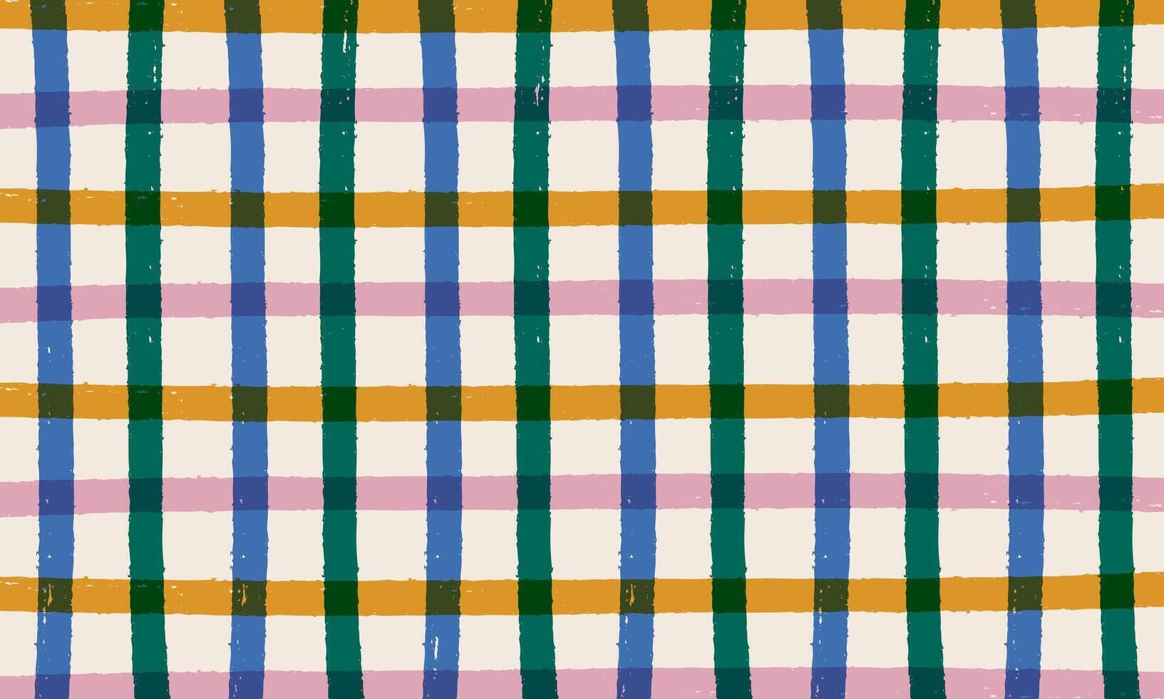 Cute hand drawn grid in doodle style. Fun abstract background. Artistic plaid pattern with colorful checks vector