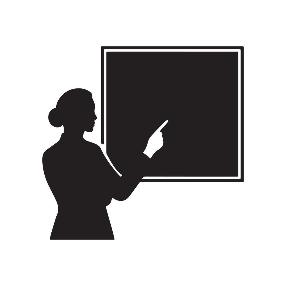 Silhouette of a woman presenting, pointing at a blank screen. This graphic conveys education, business instruction, and communication, perfect for teaching, training, and informational design vector