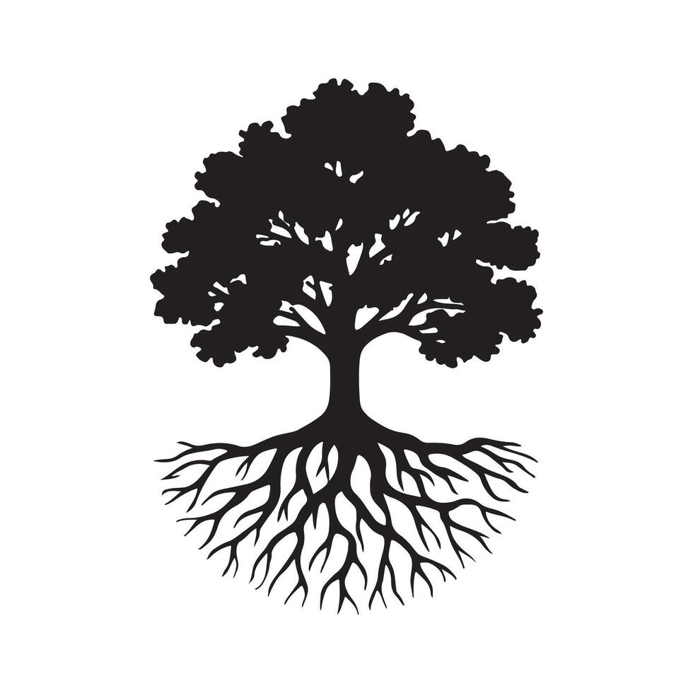 A black silhouette icon of a majestic tree with a large, intricate, and visible root system, symbolizing strength and growth vector