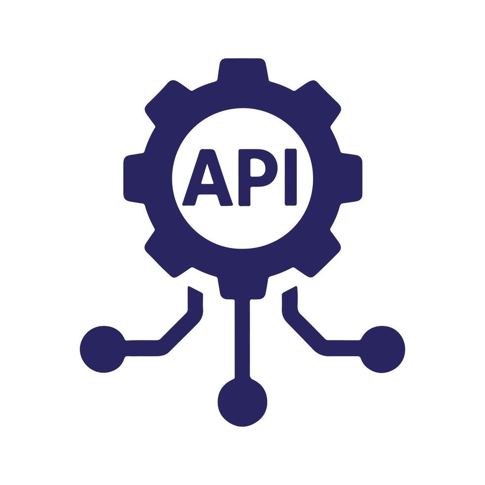 Blue gear icon symbolizing an Application Programming Interface, representing software development, system integration, and secure data exchange protocols vector