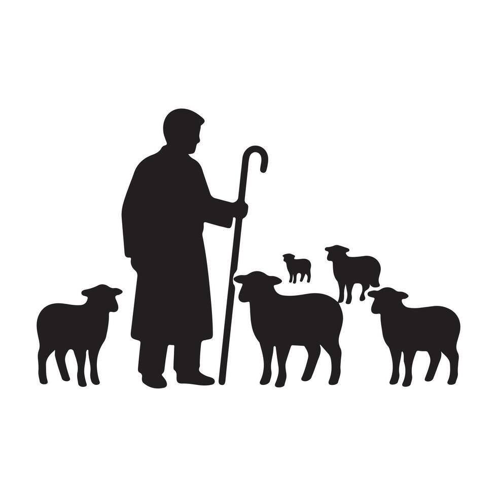 Silhouette of a Shepherd with His Flock of Sheep on a White Background, symbolizing care and guidance vector