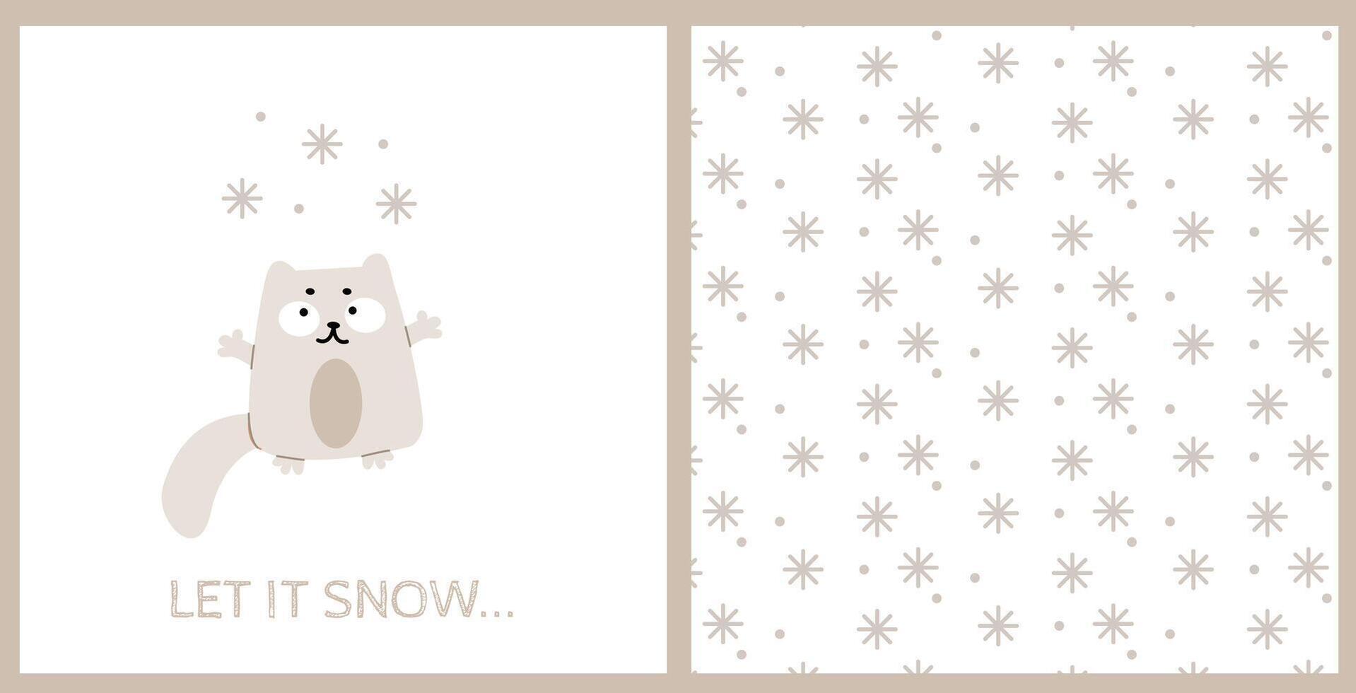 Set with a postcard featuring a funny cat and a snowflake pattern vector