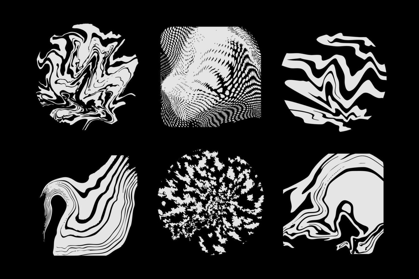 Abstract liquid texture set. Wavy distorted shapes and flowing lines creating modern optical illusion patterns. vector