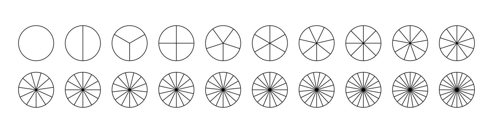Parts of diagram wheel from 1 to 20. Outline black graphics. Template of pie chart. Coaching blank. Segmented charts. Sectors divide the circle on equal parts. Pie charts, pizza charts set. vector