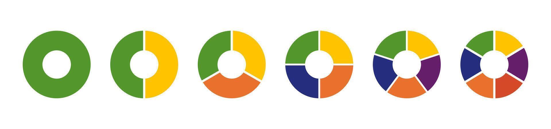 Circle section graph. Wheels divided in sections.Multicoloured diagrams infographic.Pie, pizza chart layout. Multicolored donut charts, pies segmented on from 1 to 6 equal parts. Loading bar mockup. vector